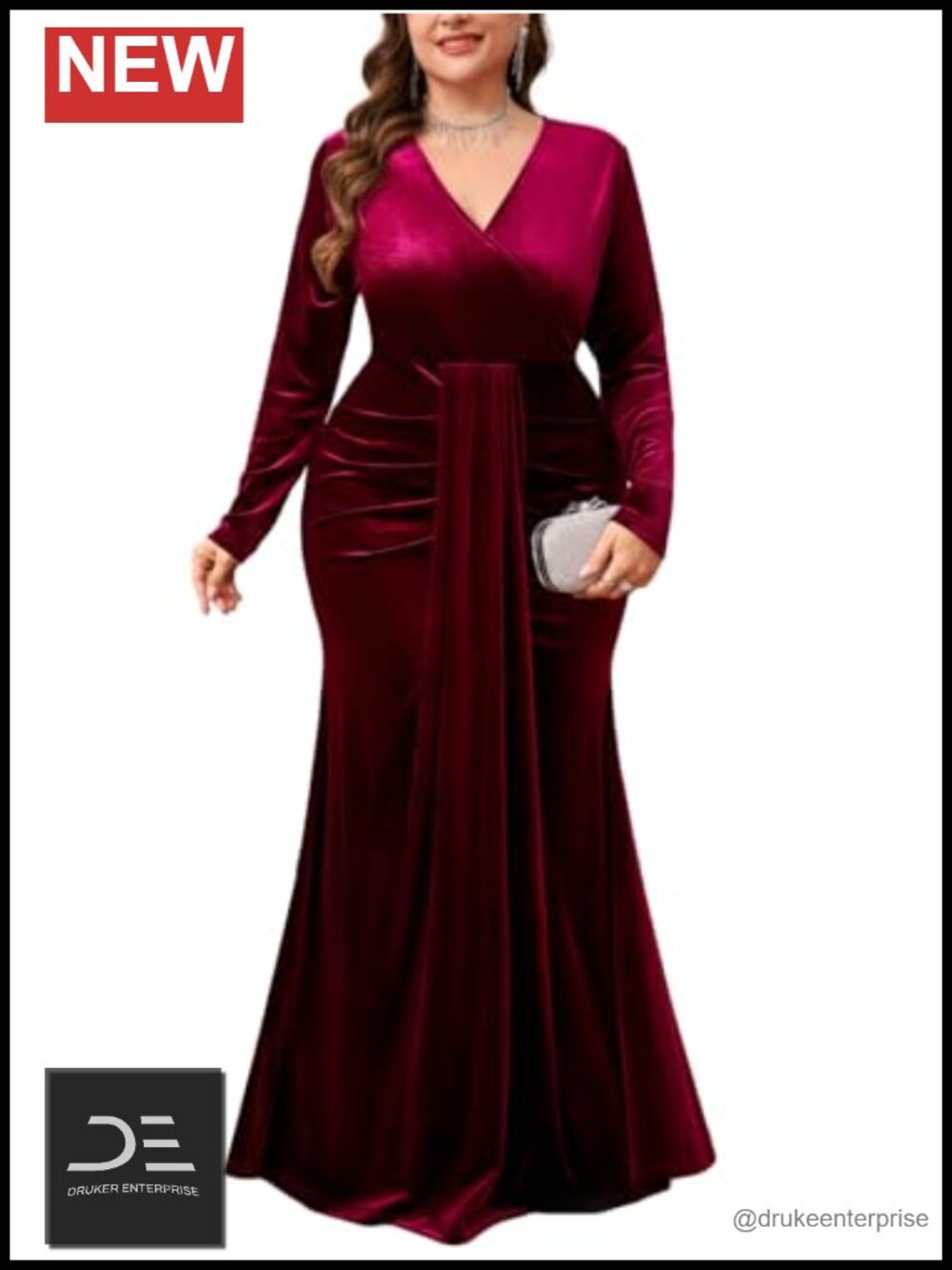Velvet Wrap Mermaid Maxi Dress Long Sleeve V Neck Formal Evening Gown